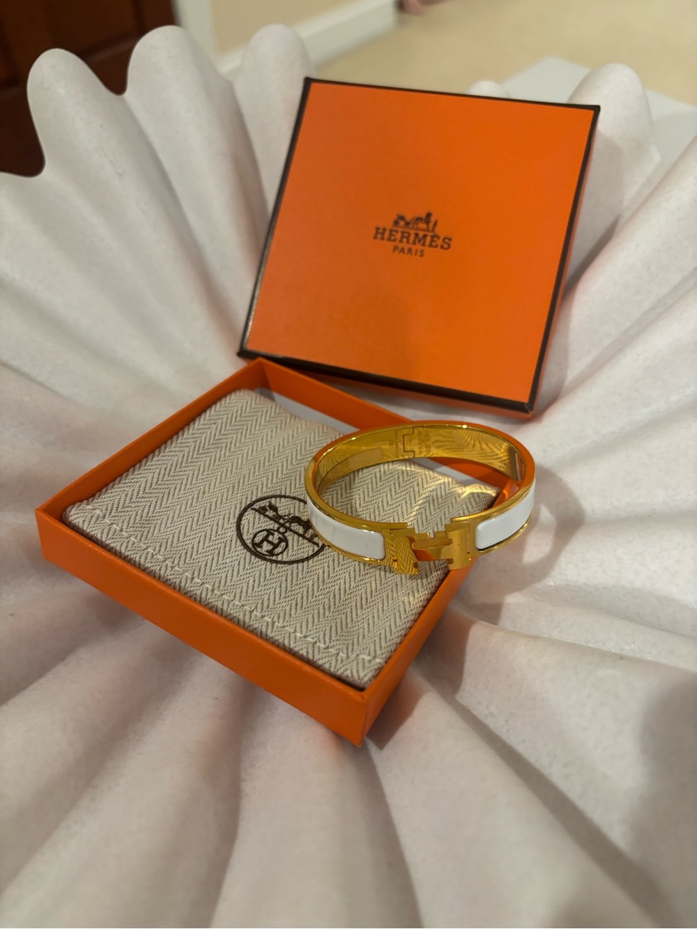 Hermes Gold and White Enamel Clic Clac H Bracelet